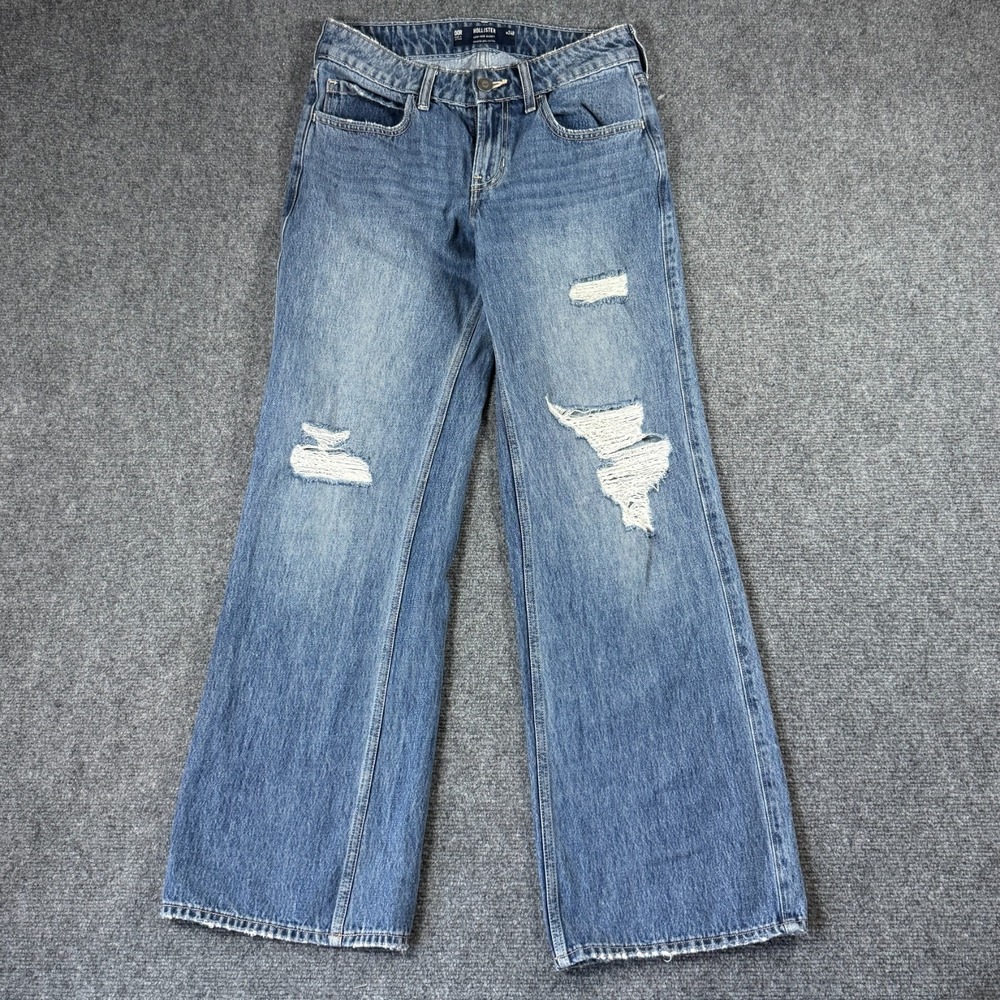 Hollister Women's Jeans Size W24R Blue Low-Rise Baggy Distressed Denim Wide Leg